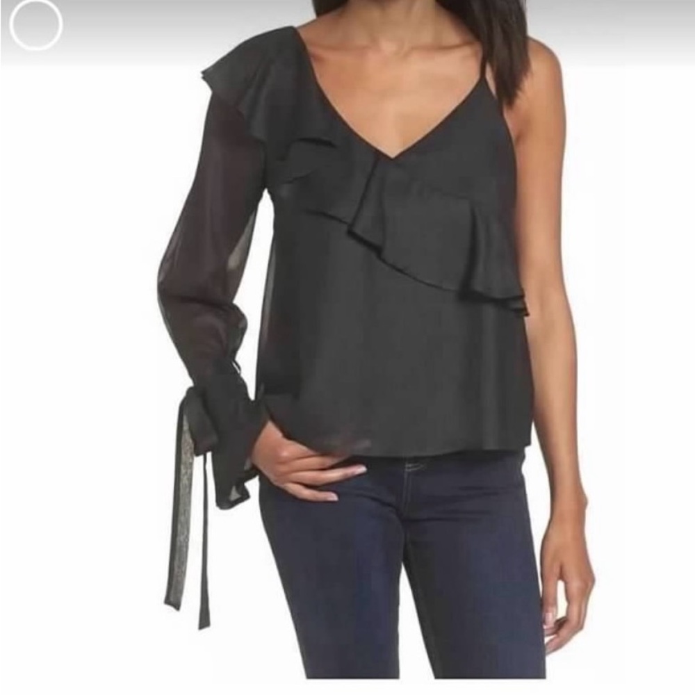 Lush Black V-Neck Asymmetrical Ruffled Tie Front Blouse